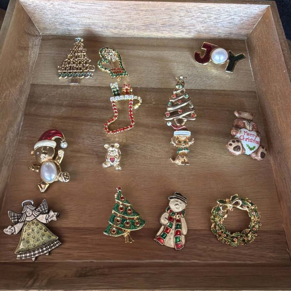 12 Vtg Christmas Brooches - Rhinestones, Enamel, Wreath, Angel, Tree